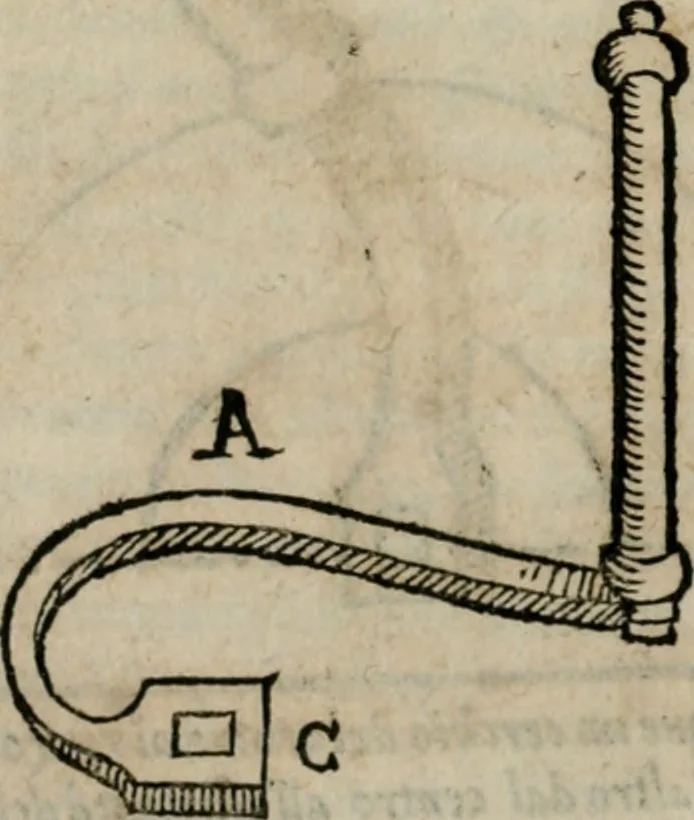 An illustration from Tre discorsi sopra il modo d'alzar acqve da' lvoghi bassi : per adacquar terreni : per leuar l'acque sorgenti & piouute dalle cãpagne, che non possono naturalmente dare loro il decorso : per mandare l'acqua da bere alle città, che n'hanno bisogno, & per altri simili vsi, 1567, leaf 83