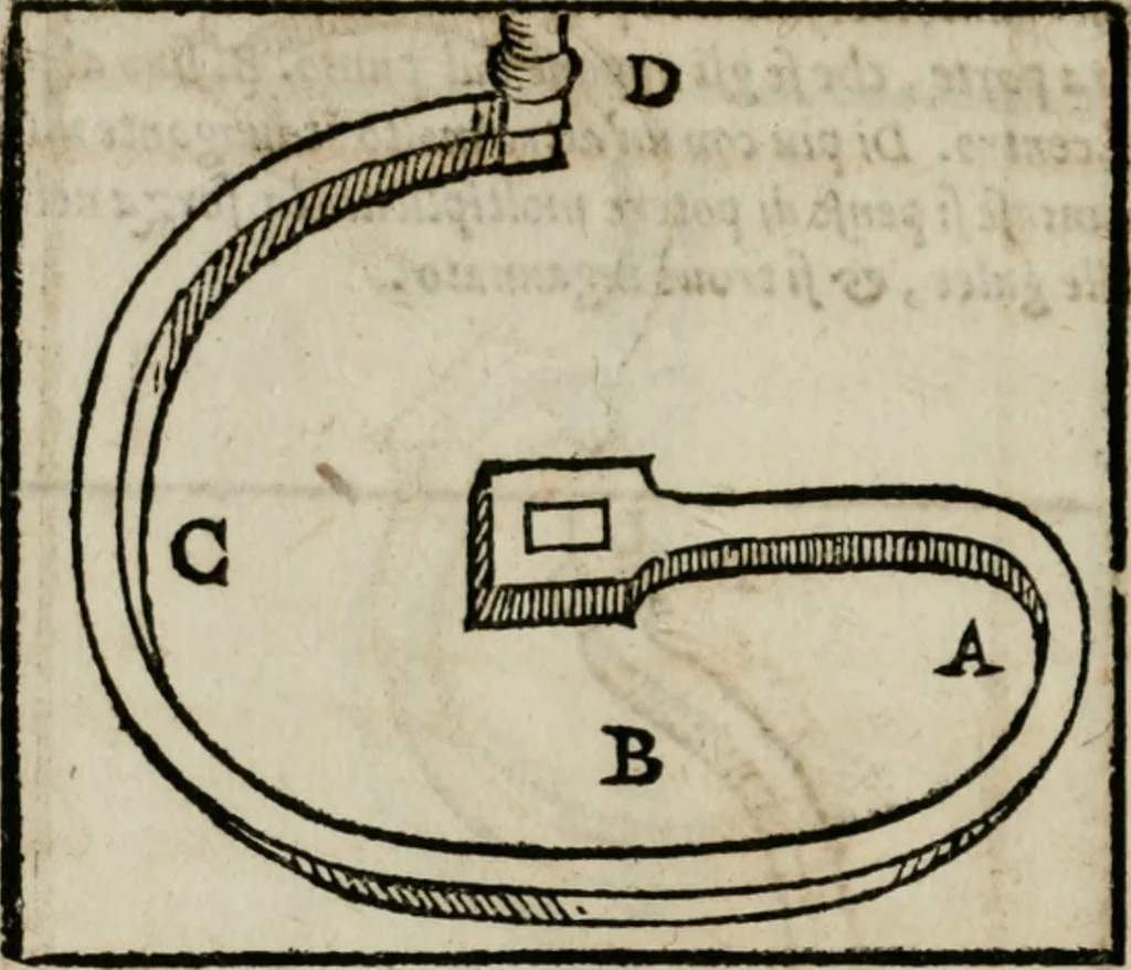 An illustration from Tre discorsi sopra il modo d'alzar acqve da' lvoghi bassi : per adacquar terreni : per leuar l'acque sorgenti & piouute dalle cãpagne, che non possono naturalmente dare loro il decorso : per mandare l'acqua da bere alle città, che n'hanno bisogno, & per altri simili vsi, 1567, leaf 85