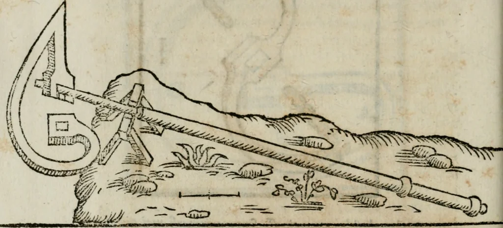 An illustration from Tre discorsi sopra il modo d'alzar acqve da' lvoghi bassi : per adacquar terreni : per leuar l'acque sorgenti & piouute dalle cãpagne, che non possono naturalmente dare loro il decorso : per mandare l'acqua da bere alle città, che n'hanno bisogno, & per altri simili vsi, 1567, leaf 87