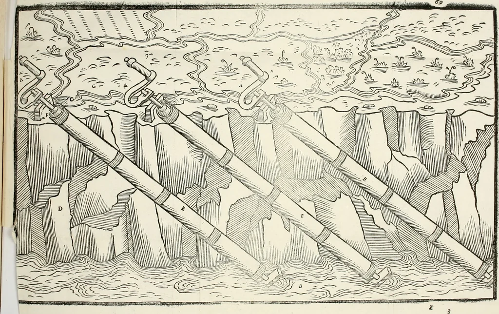 An illustration from Tre discorsi sopra il modo d'alzar acqve da' lvoghi bassi : per adacquar terreni : per leuar l'acque sorgenti & piouute dalle cãpagne, che non possono naturalmente dare loro il decorso : per mandare l'acqua da bere alle città, che n'hanno bisogno, & per altri simili vsi, 1567, leaf 93