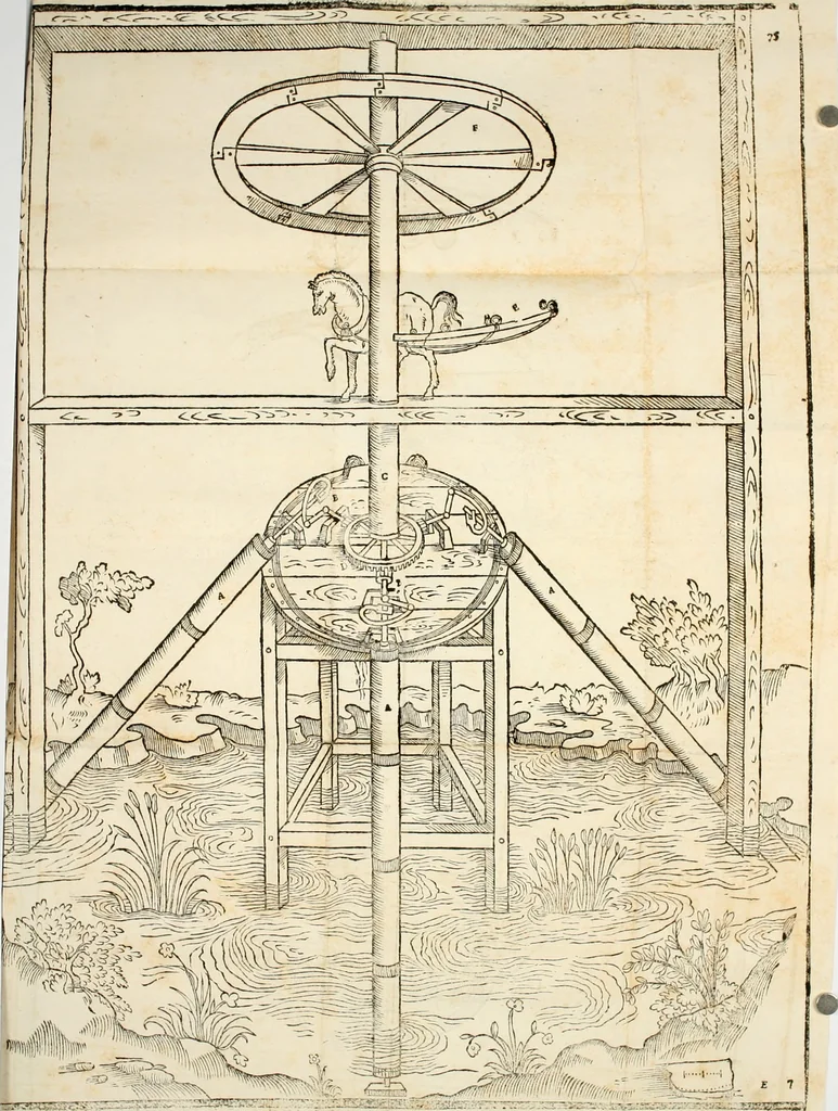 An illustration from Tre discorsi sopra il modo d'alzar acqve da' lvoghi bassi : per adacquar terreni : per leuar l'acque sorgenti & piouute dalle cãpagne, che non possono naturalmente dare loro il decorso : per mandare l'acqua da bere alle città, che n'hanno bisogno, & per altri simili vsi, 1567, leaf 99
