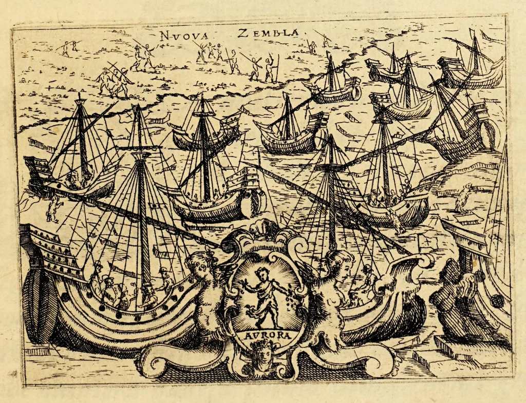 An illustration from Tre nauigationi fatte dagli Olandesi, e Zelandesi al Settentrione nella Noruegia, Moscouia, e Tartaria verso il Catai, e regno de'Sini, doue scopersero il mare di Veygatz, la Nuoua Zembla, et ... la Groenlandia. ..., 1599, leaf 9