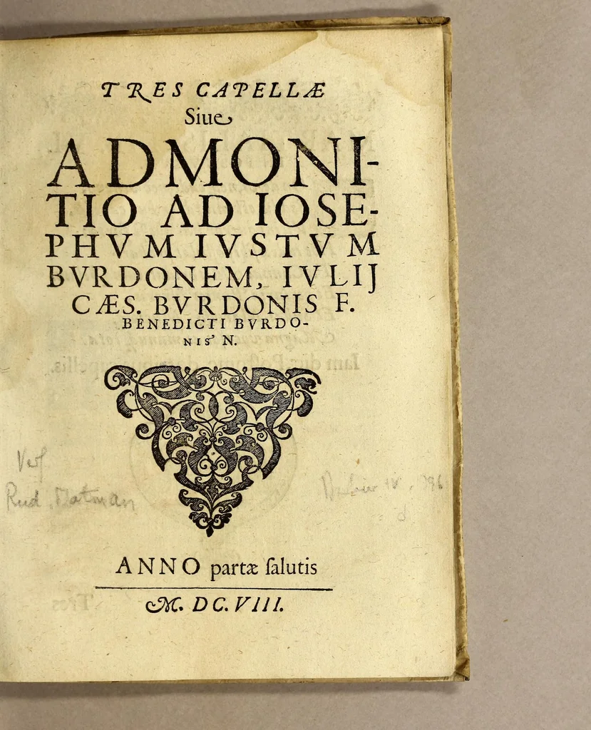 An illustration from Tres capellæ siue admonitio ad Iosephum Iustum Burdonem, Iulij Cæs. Burdonis F. Benedicti Burdonis N, 1608, leaf 3