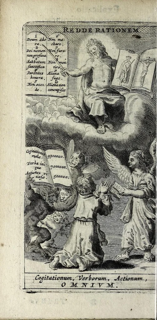 An illustration from Tribunal Christi, seu, Arcanum ac singulare cujusvis hominis in morte judicium, 1635, leaf 22