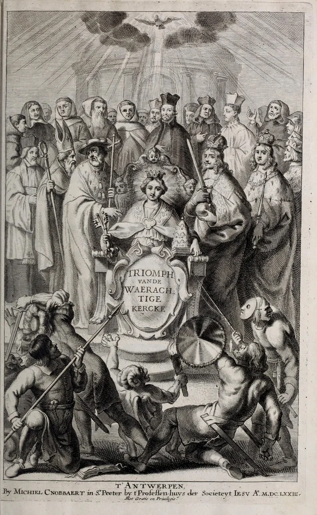 An illustration from Triomph vande waerachtige kercke ende vande catholycke religie over de atheisten, Mahomentaen, Heydenen, Ioden, schismatycken, alle soorten van ketters, ende sectarisen, beschreven door den eerw, 1673, leaf 9