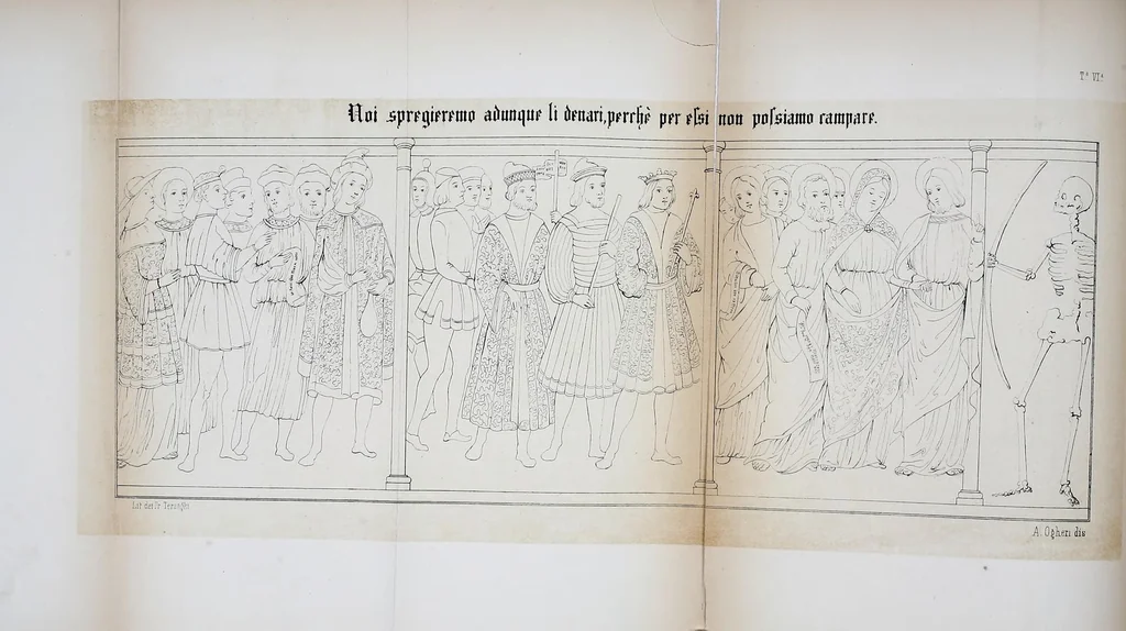 An illustration from Trionfo e danza della morte; o, Danza macabra a Clusone; Dogma della morte a Pisogne nella provincia di Bergamo, 1859, leaf 48