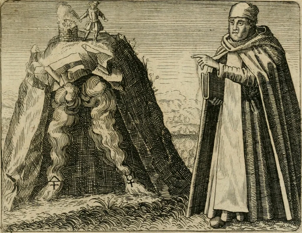 An illustration from Tripvs avrevs, hoc est, Tres tractatvs chymici selectissimi : nempe I. Basilii Valentini ... Practica vna cum 12. clauibus & appendice, ex Germanico; II. Thomæ Nortoni ... Crede mihi, seu, Ordinale, ante annos 140. ab authore scriptum, nunc ex Anglicano manuscripto in Latinum translatum, phrasi cuiusque authoris vt & sententia retenta; III. Cremeri ... Testamentum, hactenus nondum publicatum, 1618, leaf 186