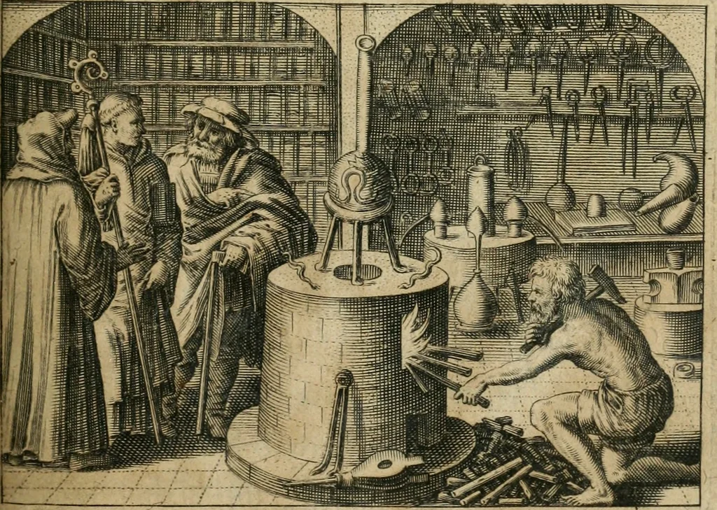 An illustration from Tripvs avrevs, hoc est, Tres tractatvs chymici selectissimi : nempe I. Basilii Valentini ... Practica vna cum 12. clauibus & appendice, ex Germanico; II. Thomæ Nortoni ... Crede mihi, seu, Ordinale, ante annos 140. ab authore scriptum, nunc ex Anglicano manuscripto in Latinum translatum, phrasi cuiusque authoris vt & sententia retenta; III. Cremeri ... Testamentum, hactenus nondum publicatum, 1618, leaf 2