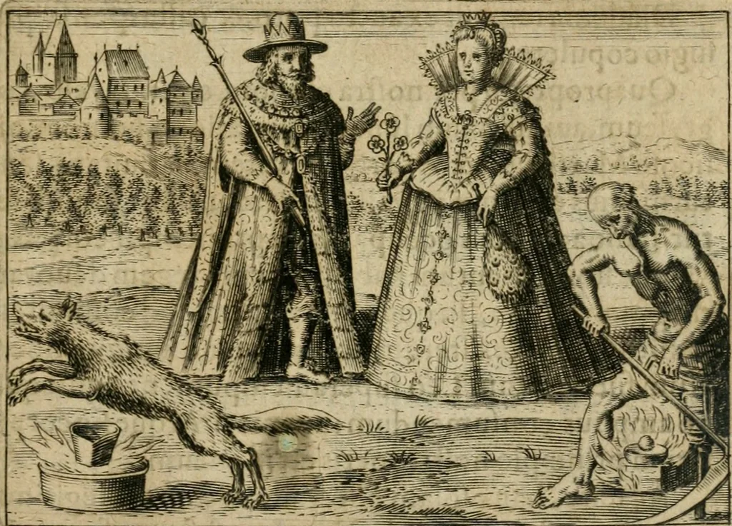 An illustration from Tripvs avrevs, hoc est, Tres tractatvs chymici selectissimi : nempe I. Basilii Valentini ... Practica vna cum 12. clauibus & appendice, ex Germanico; II. Thomæ Nortoni ... Crede mihi, seu, Ordinale, ante annos 140. ab authore scriptum, nunc ex Anglicano manuscripto in Latinum translatum, phrasi cuiusque authoris vt & sententia retenta; III. Cremeri ... Testamentum, hactenus nondum publicatum, 1618, leaf 28