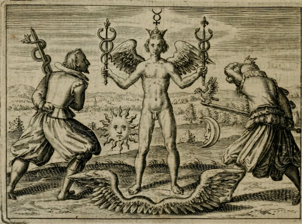 An illustration from Tripvs avrevs, hoc est, Tres tractatvs chymici selectissimi : nempe I. Basilii Valentini ... Practica vna cum 12. clauibus & appendice, ex Germanico; II. Thomæ Nortoni ... Crede mihi, seu, Ordinale, ante annos 140. ab authore scriptum, nunc ex Anglicano manuscripto in Latinum translatum, phrasi cuiusque authoris vt & sententia retenta; III. Cremeri ... Testamentum, hactenus nondum publicatum, 1618, leaf 31