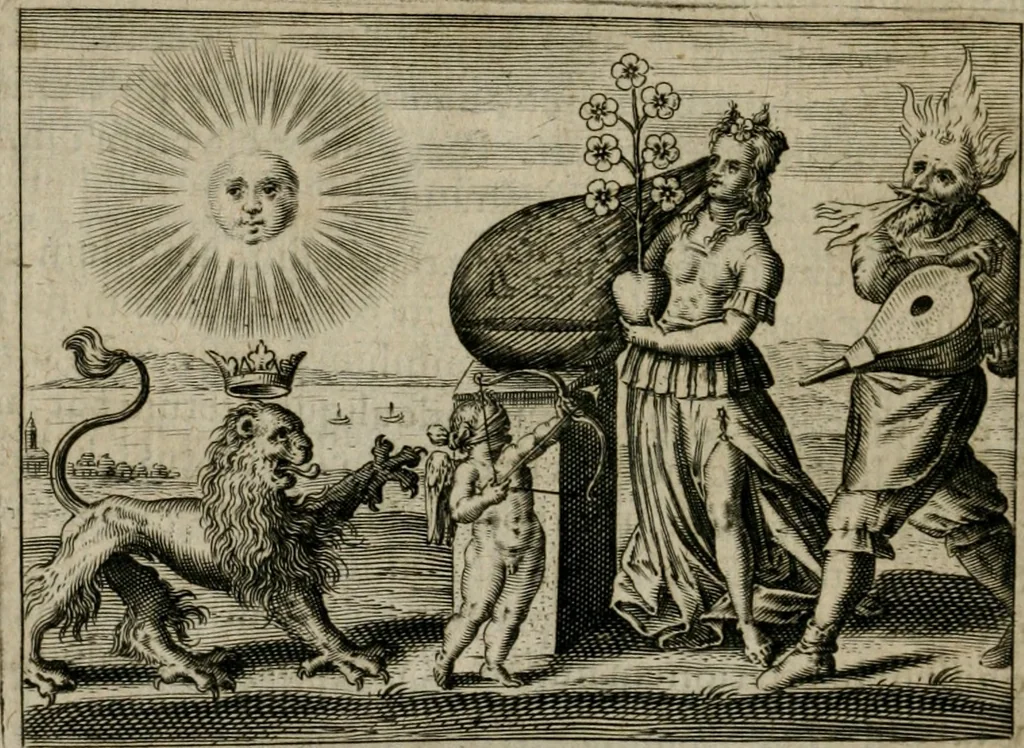 An illustration from Tripvs avrevs, hoc est, Tres tractatvs chymici selectissimi : nempe I. Basilii Valentini ... Practica vna cum 12. clauibus & appendice, ex Germanico; II. Thomæ Nortoni ... Crede mihi, seu, Ordinale, ante annos 140. ab authore scriptum, nunc ex Anglicano manuscripto in Latinum translatum, phrasi cuiusque authoris vt & sententia retenta; III. Cremeri ... Testamentum, hactenus nondum publicatum, 1618, leaf 39