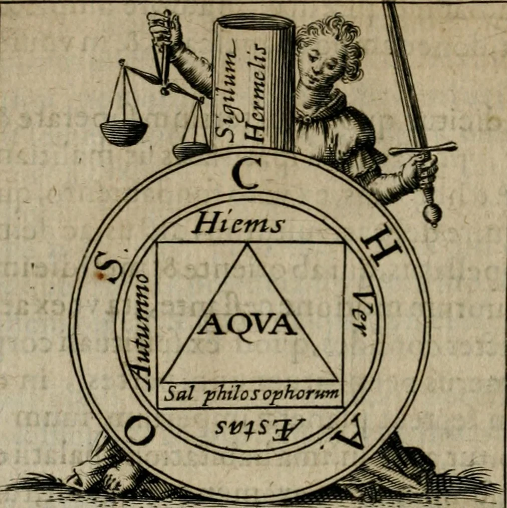 An illustration from Tripvs avrevs, hoc est, Tres tractatvs chymici selectissimi : nempe I. Basilii Valentini ... Practica vna cum 12. clauibus & appendice, ex Germanico; II. Thomæ Nortoni ... Crede mihi, seu, Ordinale, ante annos 140. ab authore scriptum, nunc ex Anglicano manuscripto in Latinum translatum, phrasi cuiusque authoris vt & sententia retenta; III. Cremeri ... Testamentum, hactenus nondum publicatum, 1618, leaf 45