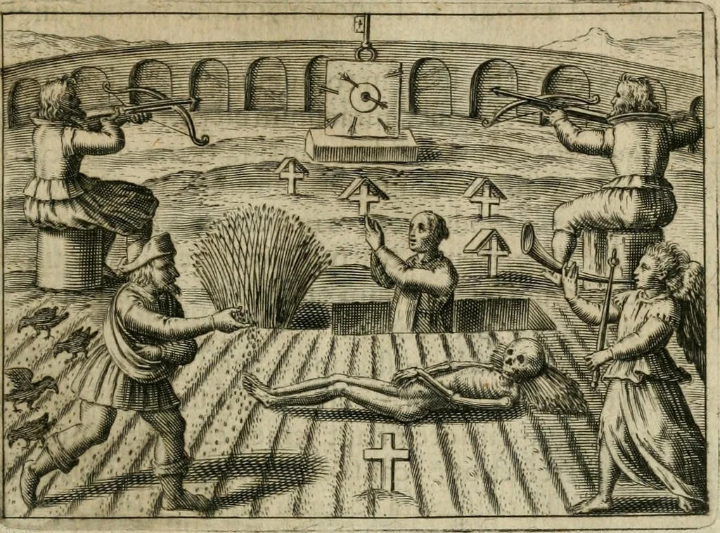 An illustration from Tripvs avrevs, hoc est, Tres tractatvs chymici selectissimi : nempe I. Basilii Valentini ... Practica vna cum 12. clauibus & appendice, ex Germanico; II. Thomæ Nortoni ... Crede mihi, seu, Ordinale, ante annos 140. ab authore scriptum, nunc ex Anglicano manuscripto in Latinum translatum, phrasi cuiusque authoris vt & sententia retenta; III. Cremeri ... Testamentum, hactenus nondum publicatum, 1618, leaf 48