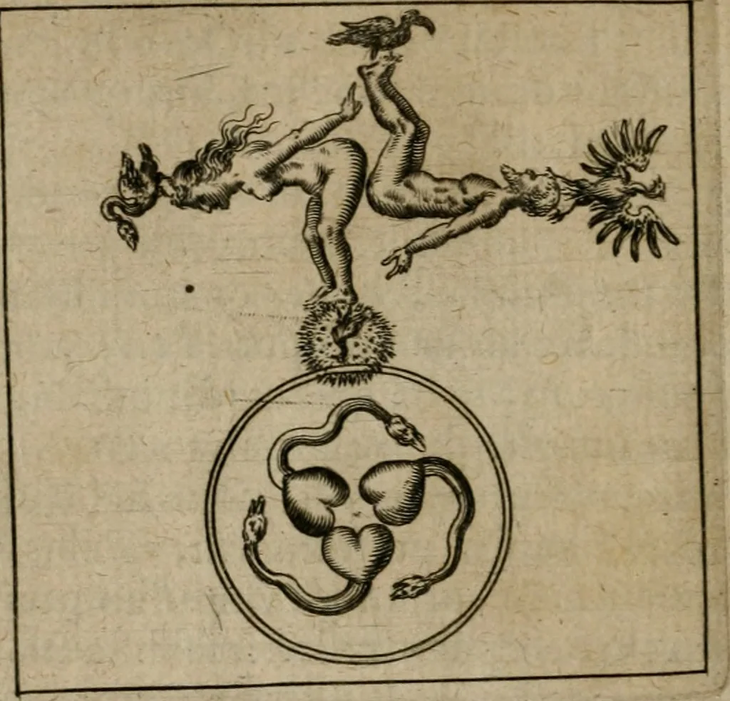 An illustration from Tripvs avrevs, hoc est, Tres tractatvs chymici selectissimi : nempe I. Basilii Valentini ... Practica vna cum 12. clauibus & appendice, ex Germanico; II. Thomæ Nortoni ... Crede mihi, seu, Ordinale, ante annos 140. ab authore scriptum, nunc ex Anglicano manuscripto in Latinum translatum, phrasi cuiusque authoris vt & sententia retenta; III. Cremeri ... Testamentum, hactenus nondum publicatum, 1618, leaf 55
