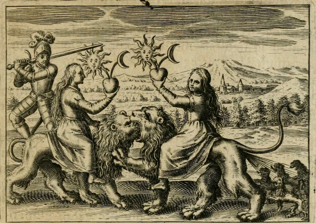 An illustration from Tripvs avrevs, hoc est, Tres tractatvs chymici selectissimi : nempe I. Basilii Valentini ... Practica vna cum 12. clauibus & appendice, ex Germanico; II. Thomæ Nortoni ... Crede mihi, seu, Ordinale, ante annos 140. ab authore scriptum, nunc ex Anglicano manuscripto in Latinum translatum, phrasi cuiusque authoris vt & sententia retenta; III. Cremeri ... Testamentum, hactenus nondum publicatum, 1618, leaf 62