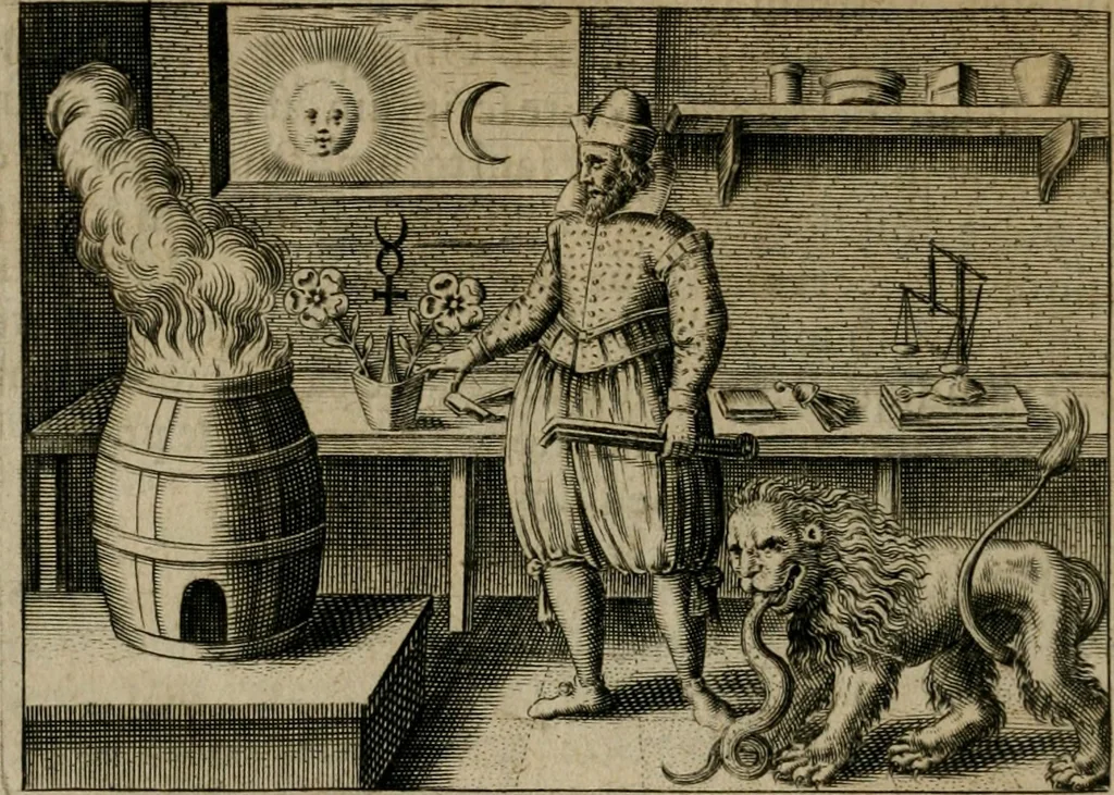 An illustration from Tripvs avrevs, hoc est, Tres tractatvs chymici selectissimi : nempe I. Basilii Valentini ... Practica vna cum 12. clauibus & appendice, ex Germanico; II. Thomæ Nortoni ... Crede mihi, seu, Ordinale, ante annos 140. ab authore scriptum, nunc ex Anglicano manuscripto in Latinum translatum, phrasi cuiusque authoris vt & sententia retenta; III. Cremeri ... Testamentum, hactenus nondum publicatum, 1618, leaf 65