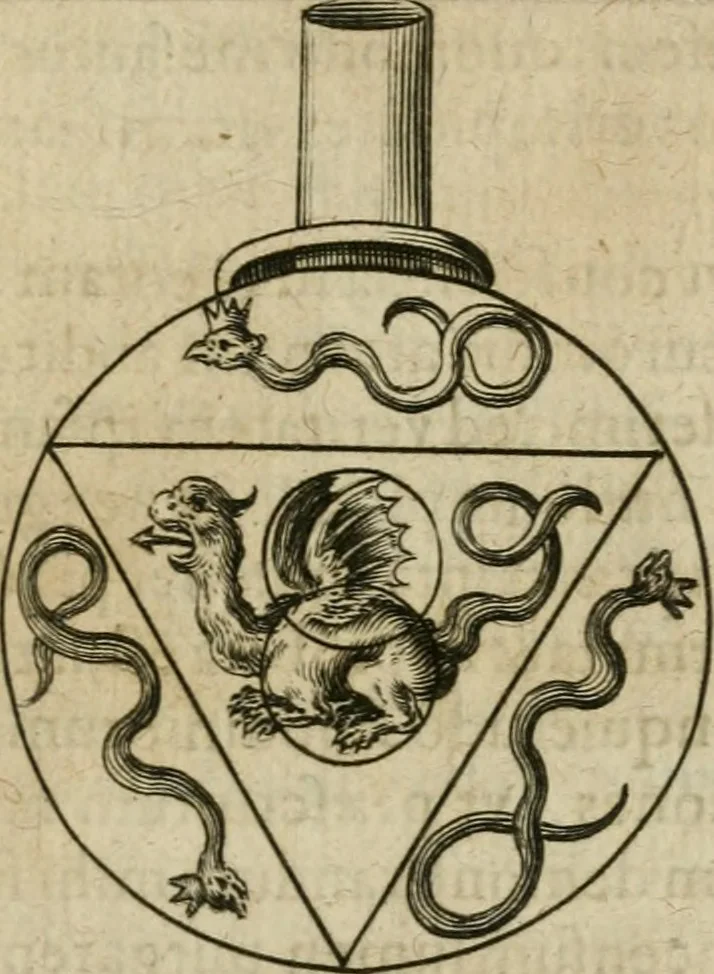 An illustration from Tripvs avrevs, hoc est, Tres tractatvs chymici selectissimi : nempe I. Basilii Valentini ... Practica vna cum 12. clauibus & appendice, ex Germanico; II. Thomæ Nortoni ... Crede mihi, seu, Ordinale, ante annos 140. ab authore scriptum, nunc ex Anglicano manuscripto in Latinum translatum, phrasi cuiusque authoris vt & sententia retenta; III. Cremeri ... Testamentum, hactenus nondum publicatum, 1618, leaf 68