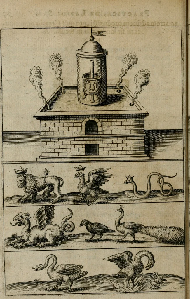 An illustration from Tripvs avrevs, hoc est, Tres tractatvs chymici selectissimi : nempe I. Basilii Valentini ... Practica vna cum 12. clauibus & appendice, ex Germanico; II. Thomæ Nortoni ... Crede mihi, seu, Ordinale, ante annos 140. ab authore scriptum, nunc ex Anglicano manuscripto in Latinum translatum, phrasi cuiusque authoris vt & sententia retenta; III. Cremeri ... Testamentum, hactenus nondum publicatum, 1618, leaf 77