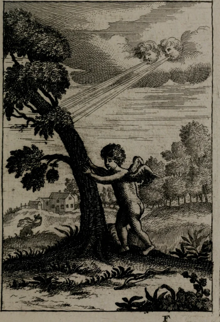 An illustration from Triumphus amoris, de cunctis universi hujus incolis actus, emblematibus ac symbolis Latinis, Italicis, Gallicis, Germanicis, oculis exhibitus. : Oder: Die über den gantzen Erd-cräisz triumphirende Liebe, in nachdencklichen Sinn-bildern neben sehr curiosen lateinischen, italianischen, französischen und teutschen Bey-sprüchen auch kurtzweiligen Versen fürgestellet, 1695, leaf 102