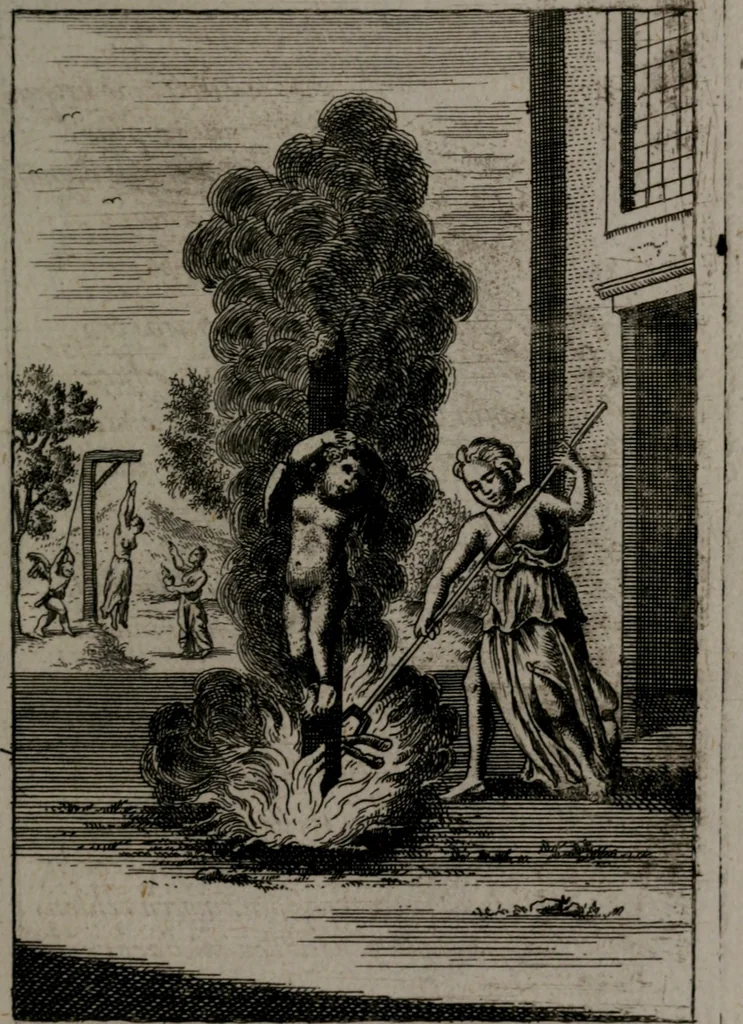 An illustration from Triumphus amoris, de cunctis universi hujus incolis actus, emblematibus ac symbolis Latinis, Italicis, Gallicis, Germanicis, oculis exhibitus. : Oder: Die über den gantzen Erd-cräisz triumphirende Liebe, in nachdencklichen Sinn-bildern neben sehr curiosen lateinischen, italianischen, französischen und teutschen Bey-sprüchen auch kurtzweiligen Versen fürgestellet, 1695, leaf 106