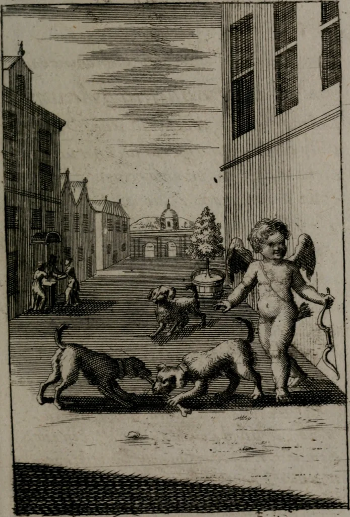 An illustration from Triumphus amoris, de cunctis universi hujus incolis actus, emblematibus ac symbolis Latinis, Italicis, Gallicis, Germanicis, oculis exhibitus. : Oder: Die über den gantzen Erd-cräisz triumphirende Liebe, in nachdencklichen Sinn-bildern neben sehr curiosen lateinischen, italianischen, französischen und teutschen Bey-sprüchen auch kurtzweiligen Versen fürgestellet, 1695, leaf 118