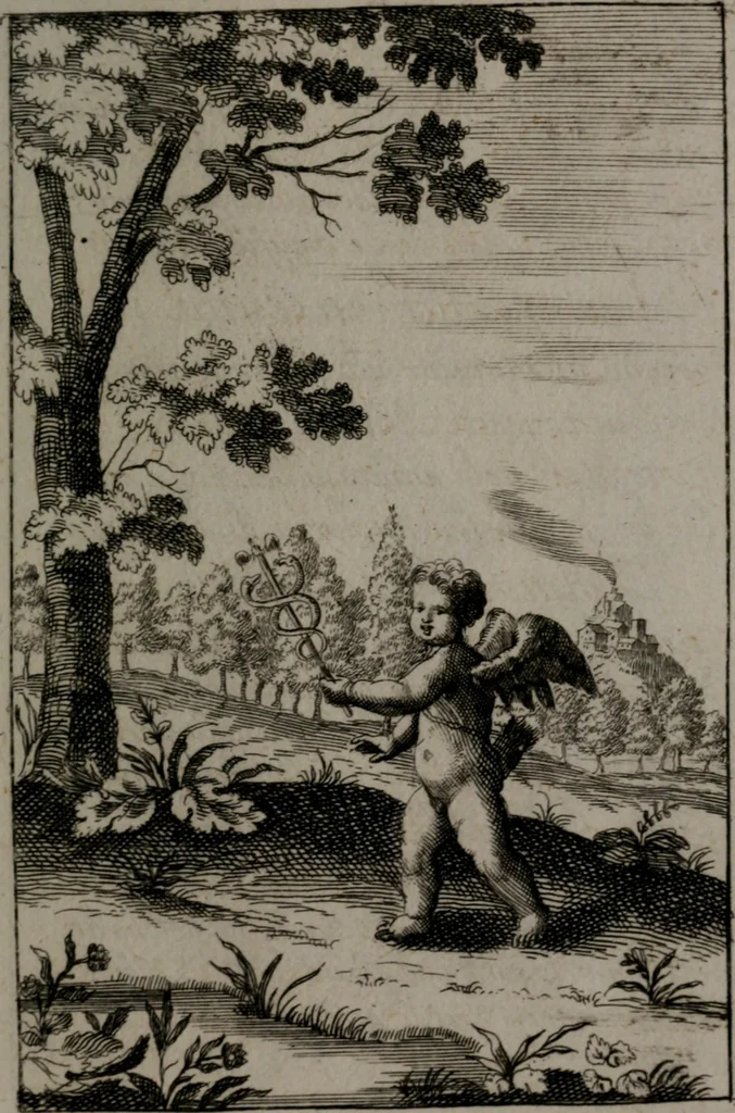 An illustration from Triumphus amoris, de cunctis universi hujus incolis actus, emblematibus ac symbolis Latinis, Italicis, Gallicis, Germanicis, oculis exhibitus. : Oder: Die über den gantzen Erd-cräisz triumphirende Liebe, in nachdencklichen Sinn-bildern neben sehr curiosen lateinischen, italianischen, französischen und teutschen Bey-sprüchen auch kurtzweiligen Versen fürgestellet, 1695, leaf 126