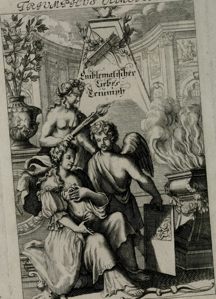 An illustration from Triumphus amoris, de cunctis universi hujus incolis actus, emblematibus ac symbolis Latinis, Italicis, Gallicis, Germanicis, oculis exhibitus. : Oder: Die über den gantzen Erd-cräisz triumphirende Liebe, in nachdencklichen Sinn-bildern neben sehr curiosen lateinischen, italianischen, französischen und teutschen Bey-sprüchen auch kurtzweiligen Versen fürgestellet, 1695, leaf 13