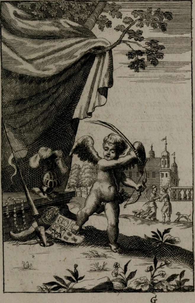 An illustration from Triumphus amoris, de cunctis universi hujus incolis actus, emblematibus ac symbolis Latinis, Italicis, Gallicis, Germanicis, oculis exhibitus. : Oder: Die über den gantzen Erd-cräisz triumphirende Liebe, in nachdencklichen Sinn-bildern neben sehr curiosen lateinischen, italianischen, französischen und teutschen Bey-sprüchen auch kurtzweiligen Versen fürgestellet, 1695, leaf 130