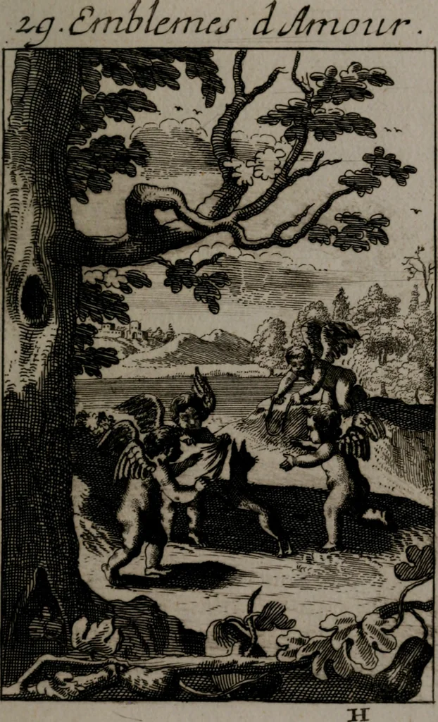 An illustration from Triumphus amoris, de cunctis universi hujus incolis actus, emblematibus ac symbolis Latinis, Italicis, Gallicis, Germanicis, oculis exhibitus. : Oder: Die über den gantzen Erd-cräisz triumphirende Liebe, in nachdencklichen Sinn-bildern neben sehr curiosen lateinischen, italianischen, französischen und teutschen Bey-sprüchen auch kurtzweiligen Versen fürgestellet, 1695, leaf 134