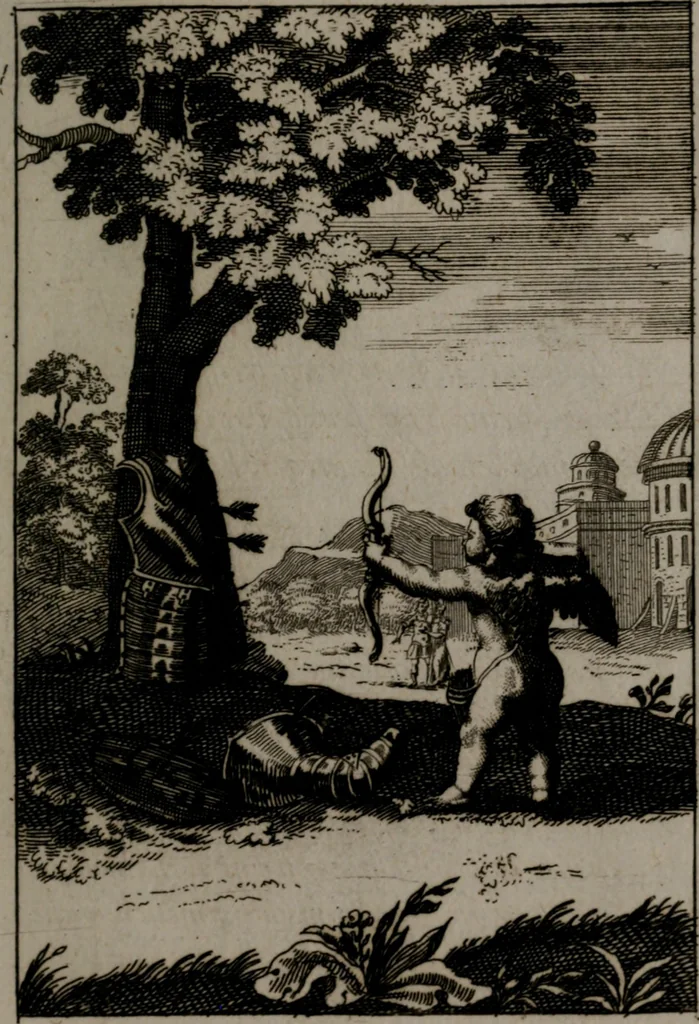 An illustration from Triumphus amoris, de cunctis universi hujus incolis actus, emblematibus ac symbolis Latinis, Italicis, Gallicis, Germanicis, oculis exhibitus. : Oder: Die über den gantzen Erd-cräisz triumphirende Liebe, in nachdencklichen Sinn-bildern neben sehr curiosen lateinischen, italianischen, französischen und teutschen Bey-sprüchen auch kurtzweiligen Versen fürgestellet, 1695, leaf 142