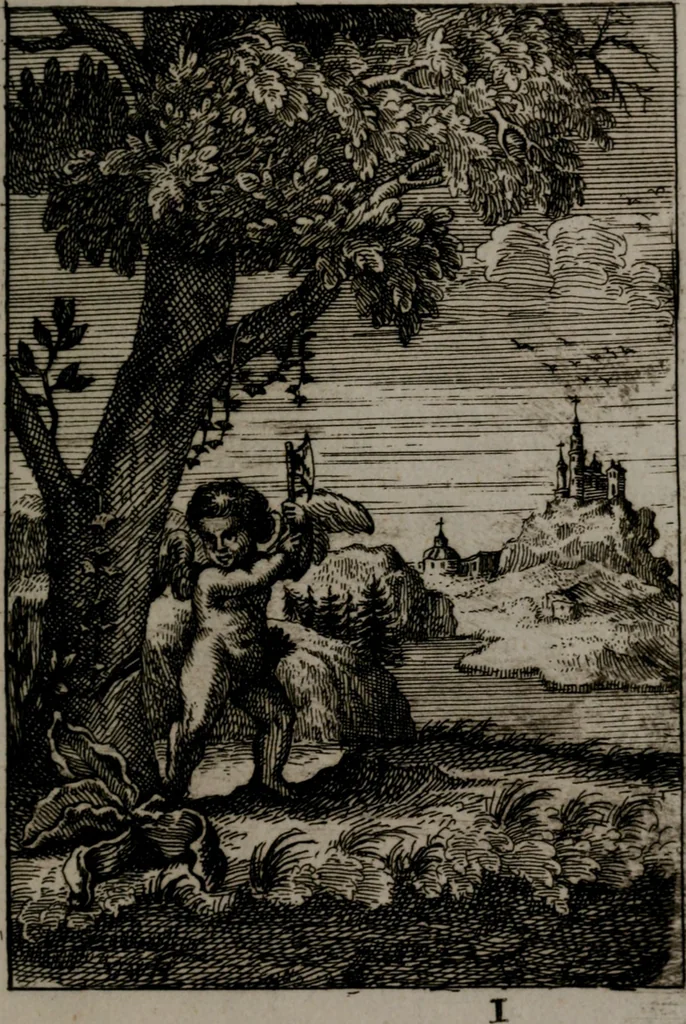 An illustration from Triumphus amoris, de cunctis universi hujus incolis actus, emblematibus ac symbolis Latinis, Italicis, Gallicis, Germanicis, oculis exhibitus. : Oder: Die über den gantzen Erd-cräisz triumphirende Liebe, in nachdencklichen Sinn-bildern neben sehr curiosen lateinischen, italianischen, französischen und teutschen Bey-sprüchen auch kurtzweiligen Versen fürgestellet, 1695, leaf 150