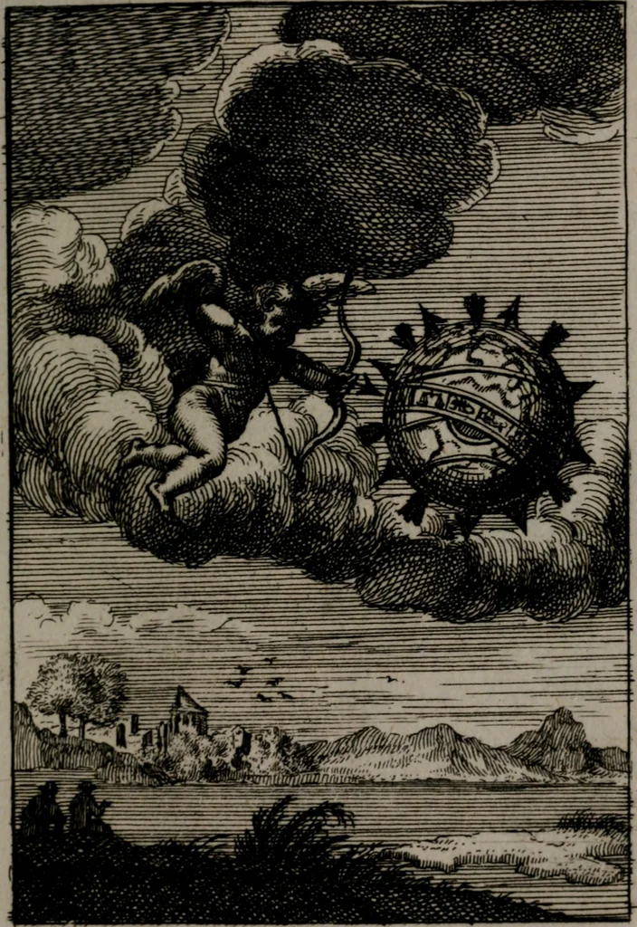 An illustration from Triumphus amoris, de cunctis universi hujus incolis actus, emblematibus ac symbolis Latinis, Italicis, Gallicis, Germanicis, oculis exhibitus. : Oder: Die über den gantzen Erd-cräisz triumphirende Liebe, in nachdencklichen Sinn-bildern neben sehr curiosen lateinischen, italianischen, französischen und teutschen Bey-sprüchen auch kurtzweiligen Versen fürgestellet, 1695, leaf 158