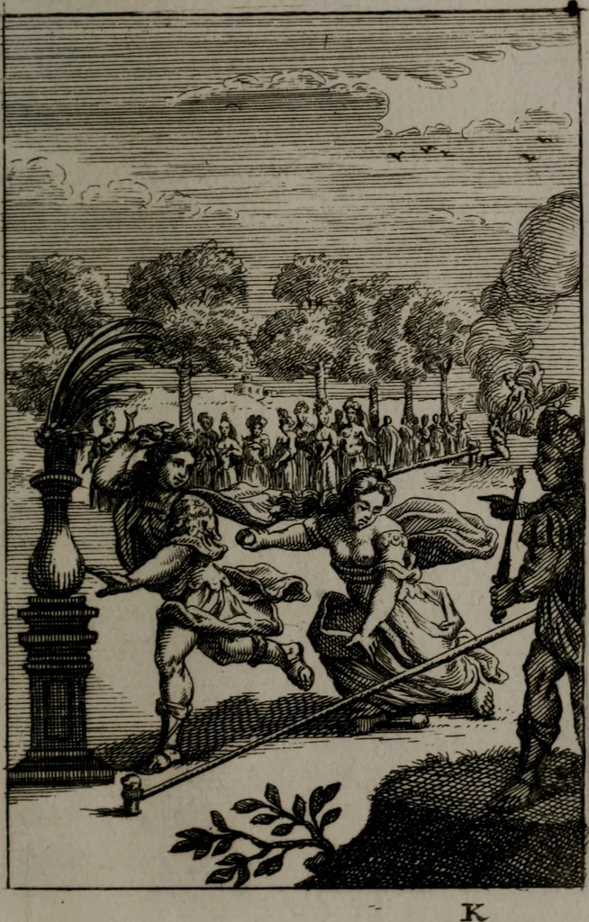 An illustration from Triumphus amoris, de cunctis universi hujus incolis actus, emblematibus ac symbolis Latinis, Italicis, Gallicis, Germanicis, oculis exhibitus. : Oder: Die über den gantzen Erd-cräisz triumphirende Liebe, in nachdencklichen Sinn-bildern neben sehr curiosen lateinischen, italianischen, französischen und teutschen Bey-sprüchen auch kurtzweiligen Versen fürgestellet, 1695, leaf 166