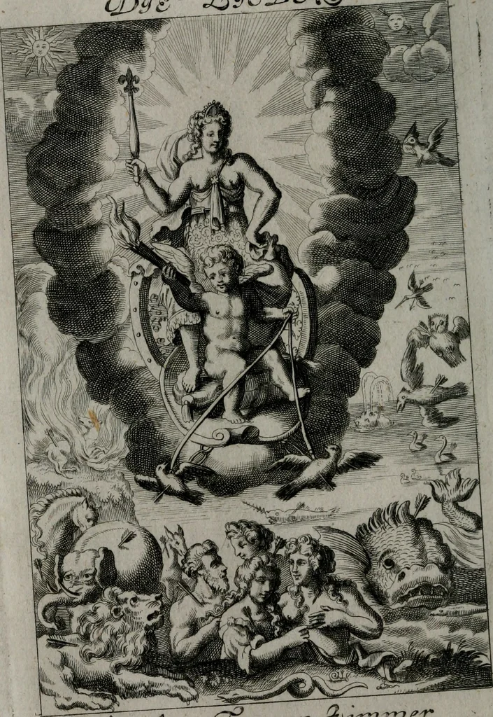 An illustration from Triumphus amoris, de cunctis universi hujus incolis actus, emblematibus ac symbolis Latinis, Italicis, Gallicis, Germanicis, oculis exhibitus. : Oder: Die über den gantzen Erd-cräisz triumphirende Liebe, in nachdencklichen Sinn-bildern neben sehr curiosen lateinischen, italianischen, französischen und teutschen Bey-sprüchen auch kurtzweiligen Versen fürgestellet, 1695, leaf 17
