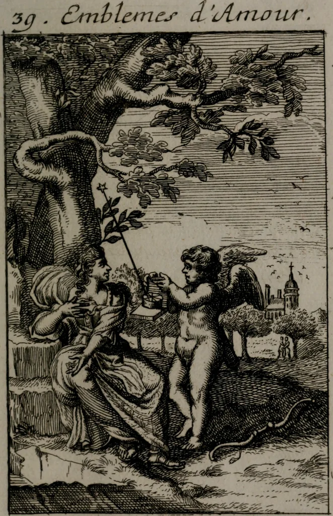 An illustration from Triumphus amoris, de cunctis universi hujus incolis actus, emblematibus ac symbolis Latinis, Italicis, Gallicis, Germanicis, oculis exhibitus. : Oder: Die über den gantzen Erd-cräisz triumphirende Liebe, in nachdencklichen Sinn-bildern neben sehr curiosen lateinischen, italianischen, französischen und teutschen Bey-sprüchen auch kurtzweiligen Versen fürgestellet, 1695, leaf 174