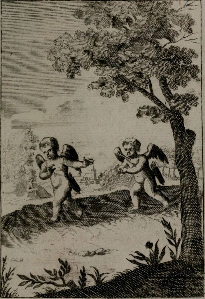 An illustration from Triumphus amoris, de cunctis universi hujus incolis actus, emblematibus ac symbolis Latinis, Italicis, Gallicis, Germanicis, oculis exhibitus. : Oder: Die über den gantzen Erd-cräisz triumphirende Liebe, in nachdencklichen Sinn-bildern neben sehr curiosen lateinischen, italianischen, französischen und teutschen Bey-sprüchen auch kurtzweiligen Versen fürgestellet, 1695, leaf 182