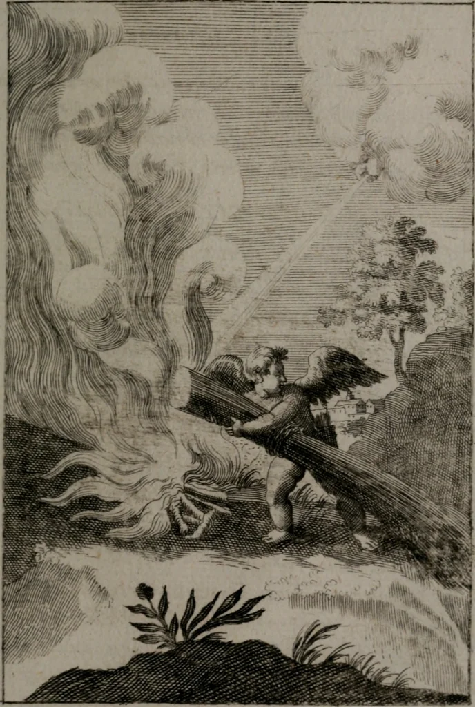 An illustration from Triumphus amoris, de cunctis universi hujus incolis actus, emblematibus ac symbolis Latinis, Italicis, Gallicis, Germanicis, oculis exhibitus. : Oder: Die über den gantzen Erd-cräisz triumphirende Liebe, in nachdencklichen Sinn-bildern neben sehr curiosen lateinischen, italianischen, französischen und teutschen Bey-sprüchen auch kurtzweiligen Versen fürgestellet, 1695, leaf 186