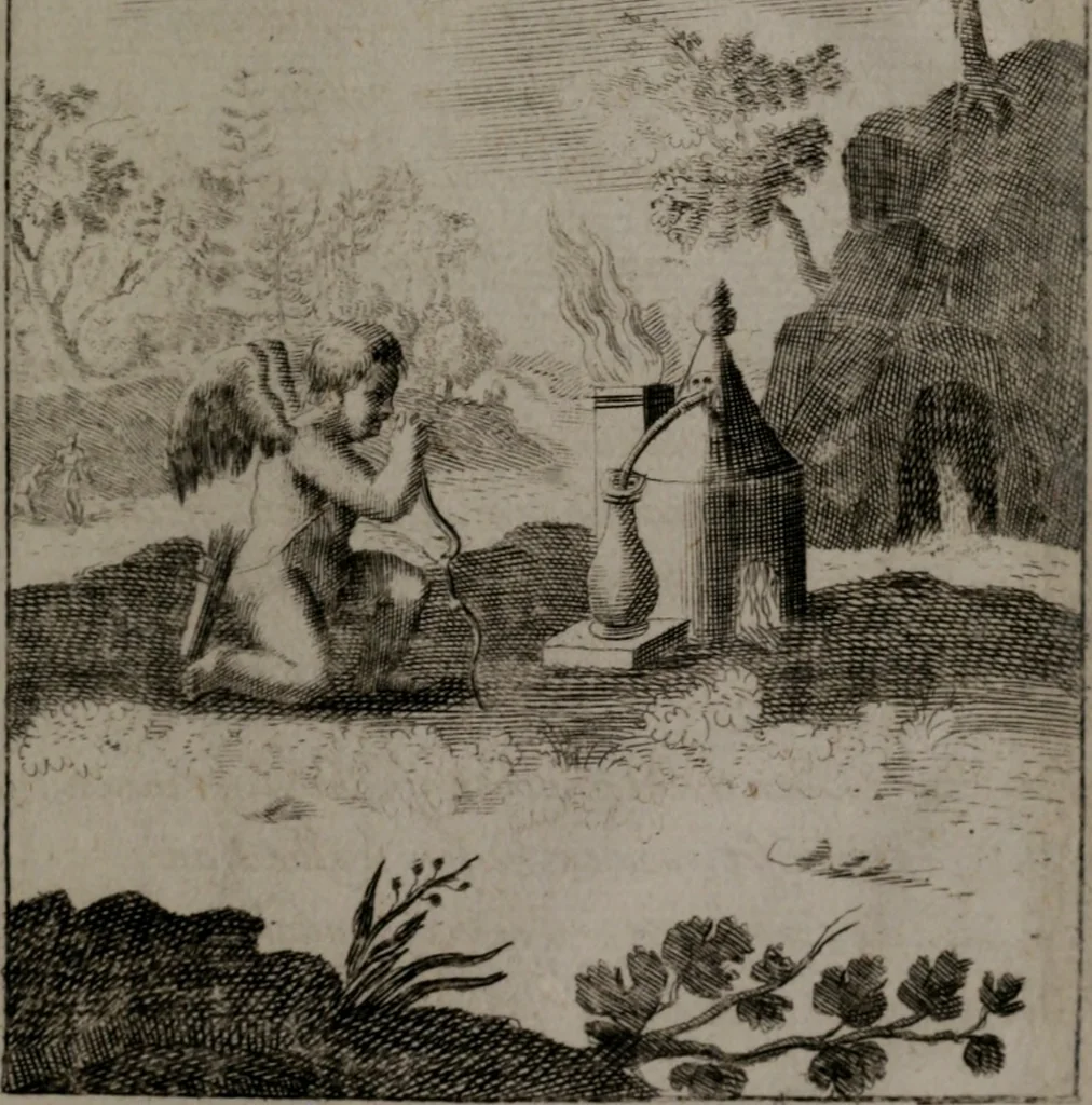 An illustration from Triumphus amoris, de cunctis universi hujus incolis actus, emblematibus ac symbolis Latinis, Italicis, Gallicis, Germanicis, oculis exhibitus. : Oder: Die über den gantzen Erd-cräisz triumphirende Liebe, in nachdencklichen Sinn-bildern neben sehr curiosen lateinischen, italianischen, französischen und teutschen Bey-sprüchen auch kurtzweiligen Versen fürgestellet, 1695, leaf 194