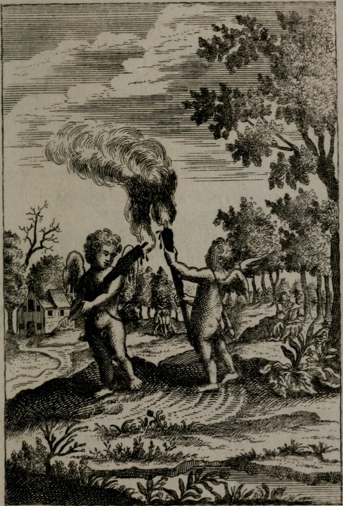 An illustration from Triumphus amoris, de cunctis universi hujus incolis actus, emblematibus ac symbolis Latinis, Italicis, Gallicis, Germanicis, oculis exhibitus. : Oder: Die über den gantzen Erd-cräisz triumphirende Liebe, in nachdencklichen Sinn-bildern neben sehr curiosen lateinischen, italianischen, französischen und teutschen Bey-sprüchen auch kurtzweiligen Versen fürgestellet, 1695, leaf 26