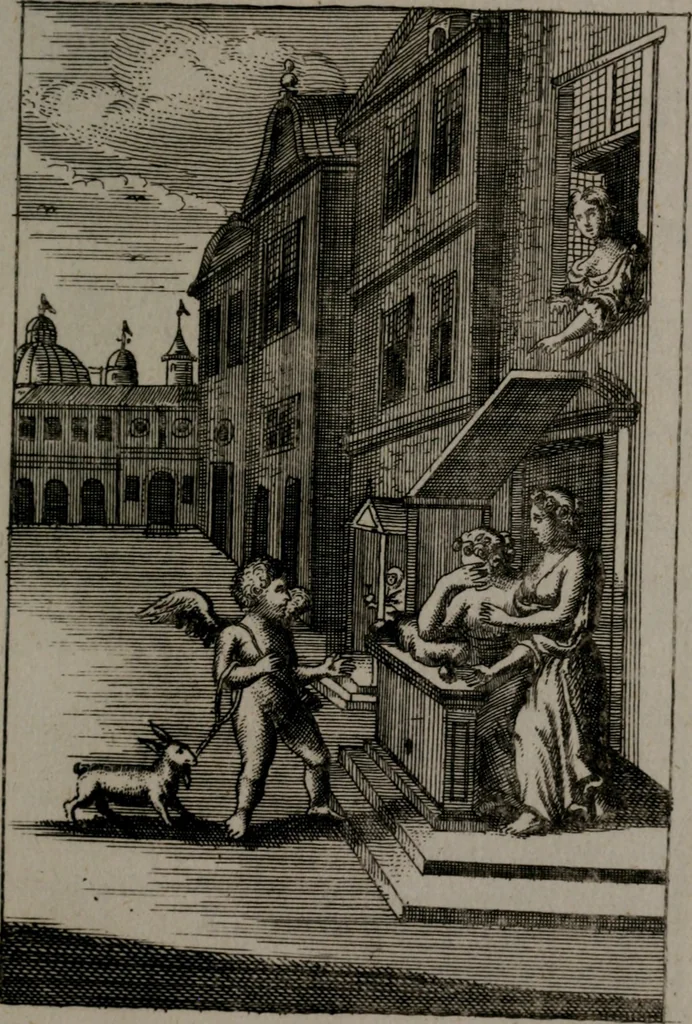 An illustration from Triumphus amoris, de cunctis universi hujus incolis actus, emblematibus ac symbolis Latinis, Italicis, Gallicis, Germanicis, oculis exhibitus. : Oder: Die über den gantzen Erd-cräisz triumphirende Liebe, in nachdencklichen Sinn-bildern neben sehr curiosen lateinischen, italianischen, französischen und teutschen Bey-sprüchen auch kurtzweiligen Versen fürgestellet, 1695, leaf 34