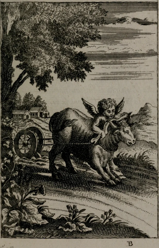 An illustration from Triumphus amoris, de cunctis universi hujus incolis actus, emblematibus ac symbolis Latinis, Italicis, Gallicis, Germanicis, oculis exhibitus. : Oder: Die über den gantzen Erd-cräisz triumphirende Liebe, in nachdencklichen Sinn-bildern neben sehr curiosen lateinischen, italianischen, französischen und teutschen Bey-sprüchen auch kurtzweiligen Versen fürgestellet, 1695, leaf 38