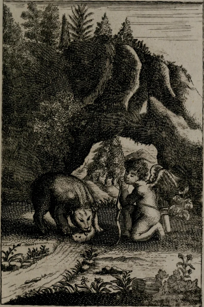 An illustration from Triumphus amoris, de cunctis universi hujus incolis actus, emblematibus ac symbolis Latinis, Italicis, Gallicis, Germanicis, oculis exhibitus. : Oder: Die über den gantzen Erd-cräisz triumphirende Liebe, in nachdencklichen Sinn-bildern neben sehr curiosen lateinischen, italianischen, französischen und teutschen Bey-sprüchen auch kurtzweiligen Versen fürgestellet, 1695, leaf 42