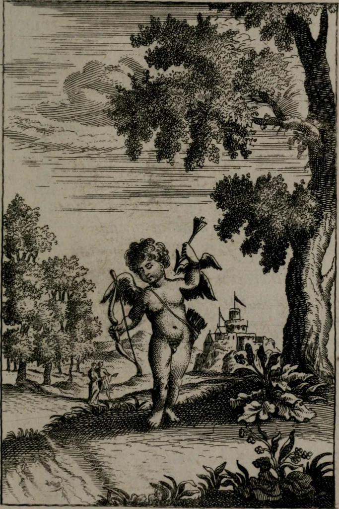 An illustration from Triumphus amoris, de cunctis universi hujus incolis actus, emblematibus ac symbolis Latinis, Italicis, Gallicis, Germanicis, oculis exhibitus. : Oder: Die über den gantzen Erd-cräisz triumphirende Liebe, in nachdencklichen Sinn-bildern neben sehr curiosen lateinischen, italianischen, französischen und teutschen Bey-sprüchen auch kurtzweiligen Versen fürgestellet, 1695, leaf 46