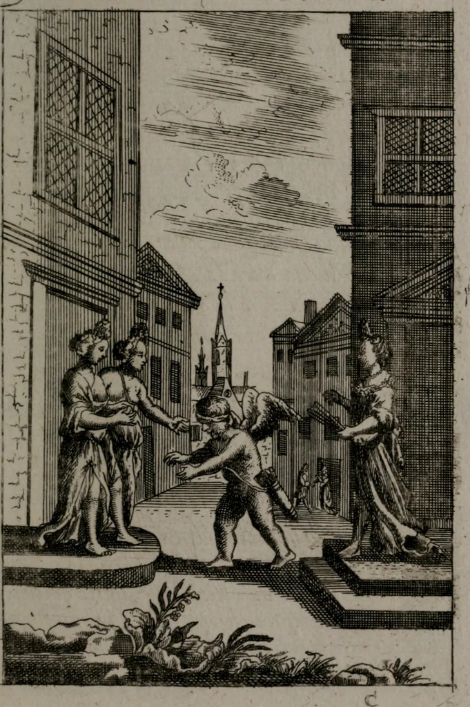 An illustration from Triumphus amoris, de cunctis universi hujus incolis actus, emblematibus ac symbolis Latinis, Italicis, Gallicis, Germanicis, oculis exhibitus. : Oder: Die über den gantzen Erd-cräisz triumphirende Liebe, in nachdencklichen Sinn-bildern neben sehr curiosen lateinischen, italianischen, französischen und teutschen Bey-sprüchen auch kurtzweiligen Versen fürgestellet, 1695, leaf 54