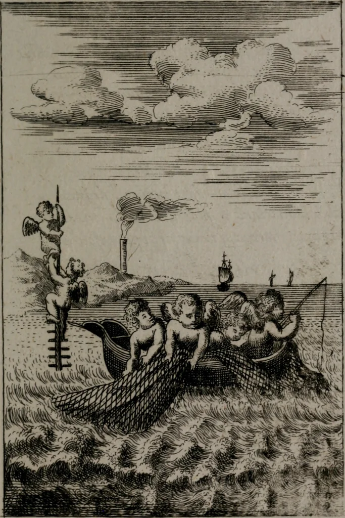 An illustration from Triumphus amoris, de cunctis universi hujus incolis actus, emblematibus ac symbolis Latinis, Italicis, Gallicis, Germanicis, oculis exhibitus. : Oder: Die über den gantzen Erd-cräisz triumphirende Liebe, in nachdencklichen Sinn-bildern neben sehr curiosen lateinischen, italianischen, französischen und teutschen Bey-sprüchen auch kurtzweiligen Versen fürgestellet, 1695, leaf 58