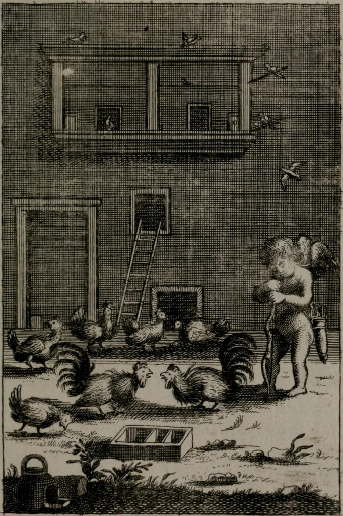 An illustration from Triumphus amoris, de cunctis universi hujus incolis actus, emblematibus ac symbolis Latinis, Italicis, Gallicis, Germanicis, oculis exhibitus. : Oder: Die über den gantzen Erd-cräisz triumphirende Liebe, in nachdencklichen Sinn-bildern neben sehr curiosen lateinischen, italianischen, französischen und teutschen Bey-sprüchen auch kurtzweiligen Versen fürgestellet, 1695, leaf 62