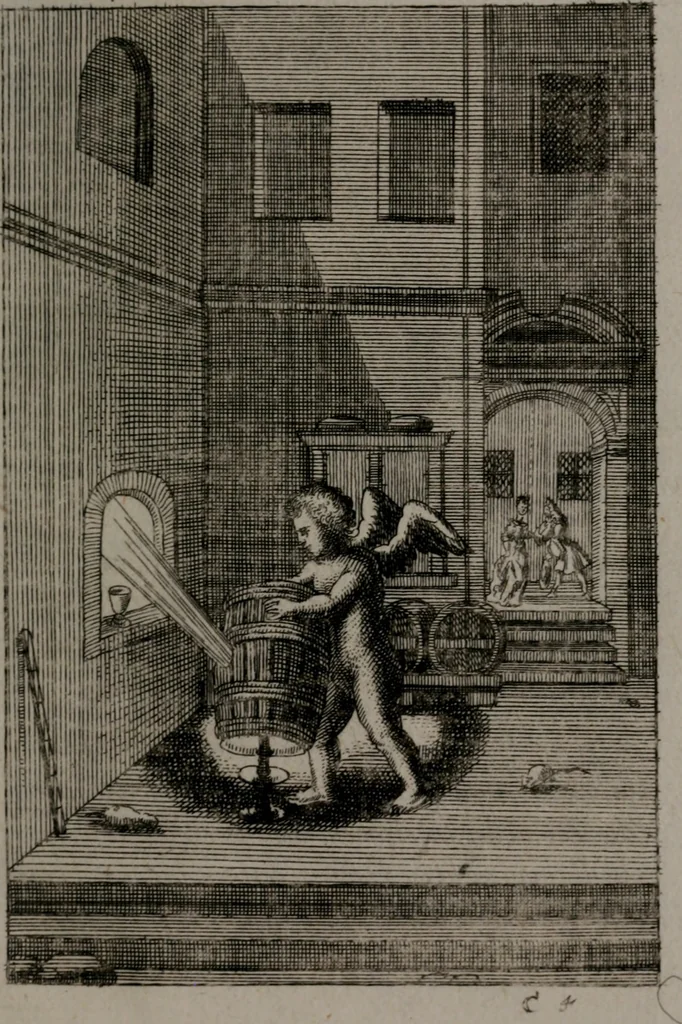 An illustration from Triumphus amoris, de cunctis universi hujus incolis actus, emblematibus ac symbolis Latinis, Italicis, Gallicis, Germanicis, oculis exhibitus. : Oder: Die über den gantzen Erd-cräisz triumphirende Liebe, in nachdencklichen Sinn-bildern neben sehr curiosen lateinischen, italianischen, französischen und teutschen Bey-sprüchen auch kurtzweiligen Versen fürgestellet, 1695, leaf 66