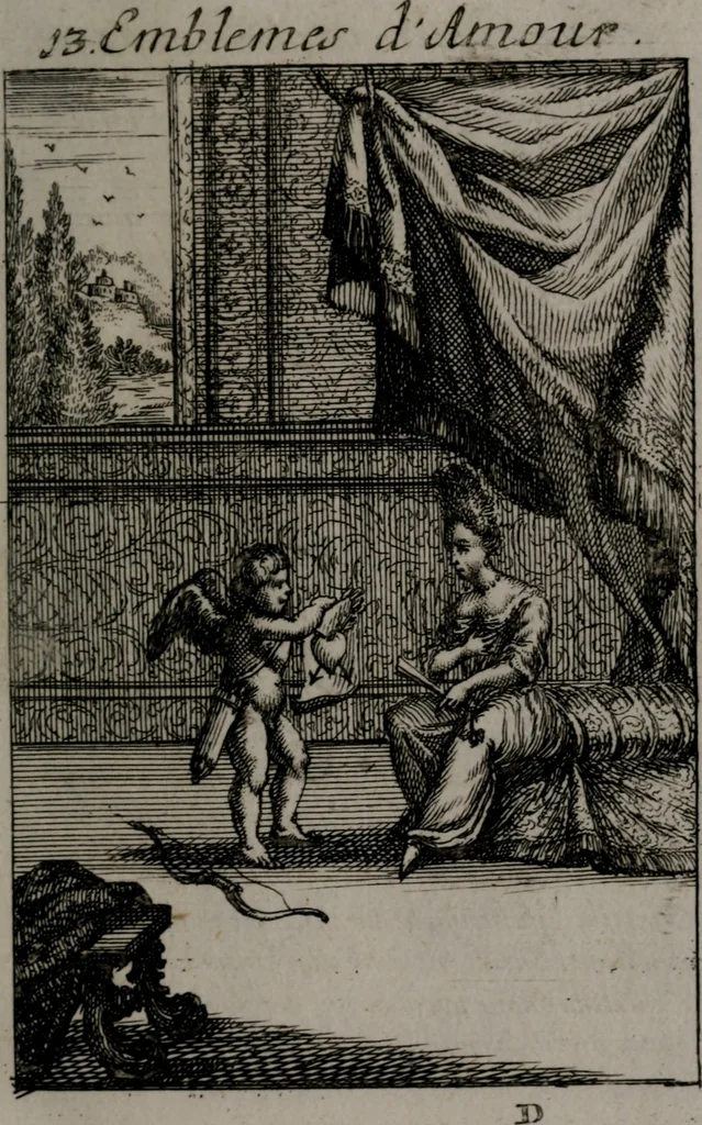 An illustration from Triumphus amoris, de cunctis universi hujus incolis actus, emblematibus ac symbolis Latinis, Italicis, Gallicis, Germanicis, oculis exhibitus. : Oder: Die über den gantzen Erd-cräisz triumphirende Liebe, in nachdencklichen Sinn-bildern neben sehr curiosen lateinischen, italianischen, französischen und teutschen Bey-sprüchen auch kurtzweiligen Versen fürgestellet, 1695, leaf 70