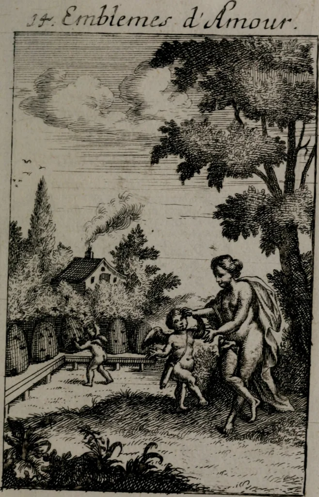 An illustration from Triumphus amoris, de cunctis universi hujus incolis actus, emblematibus ac symbolis Latinis, Italicis, Gallicis, Germanicis, oculis exhibitus. : Oder: Die über den gantzen Erd-cräisz triumphirende Liebe, in nachdencklichen Sinn-bildern neben sehr curiosen lateinischen, italianischen, französischen und teutschen Bey-sprüchen auch kurtzweiligen Versen fürgestellet, 1695, leaf 74