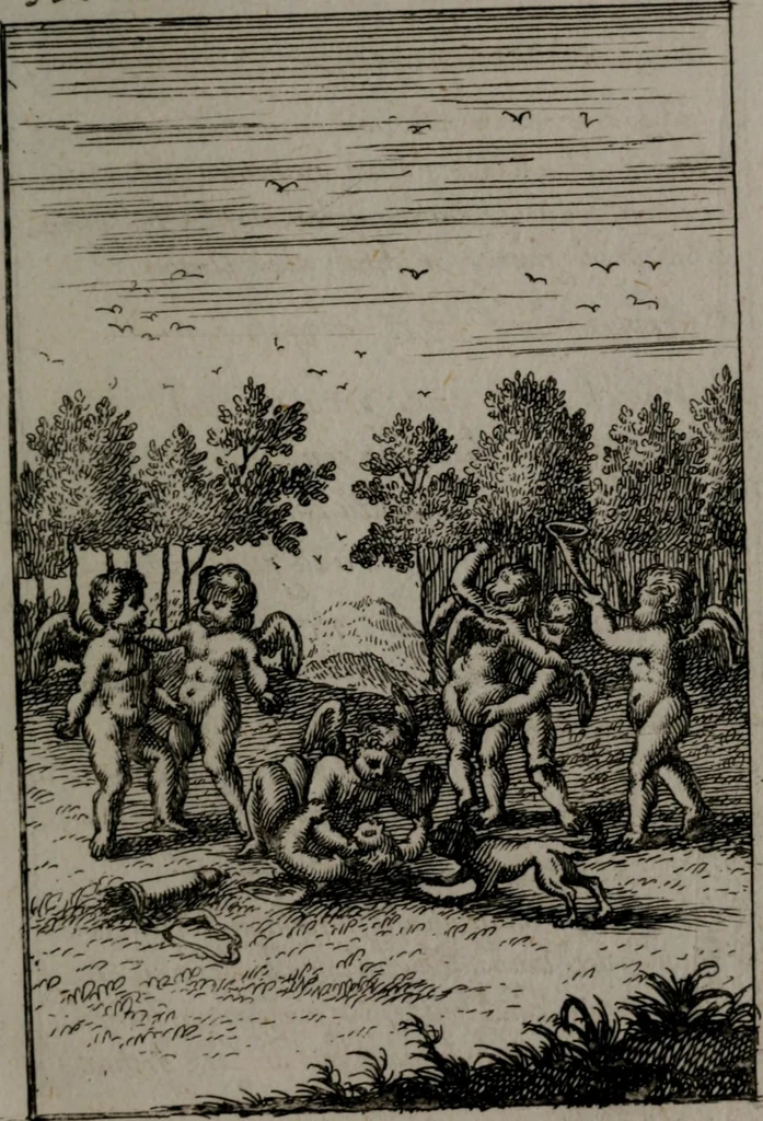 An illustration from Triumphus amoris, de cunctis universi hujus incolis actus, emblematibus ac symbolis Latinis, Italicis, Gallicis, Germanicis, oculis exhibitus. : Oder: Die über den gantzen Erd-cräisz triumphirende Liebe, in nachdencklichen Sinn-bildern neben sehr curiosen lateinischen, italianischen, französischen und teutschen Bey-sprüchen auch kurtzweiligen Versen fürgestellet, 1695, leaf 78